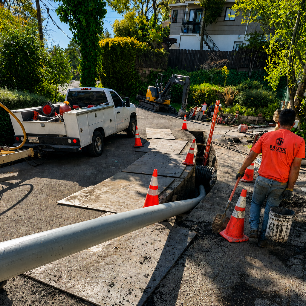 Bayside Trenchless crew completing a sewer main replacement project in a hillside residential neighborhood.