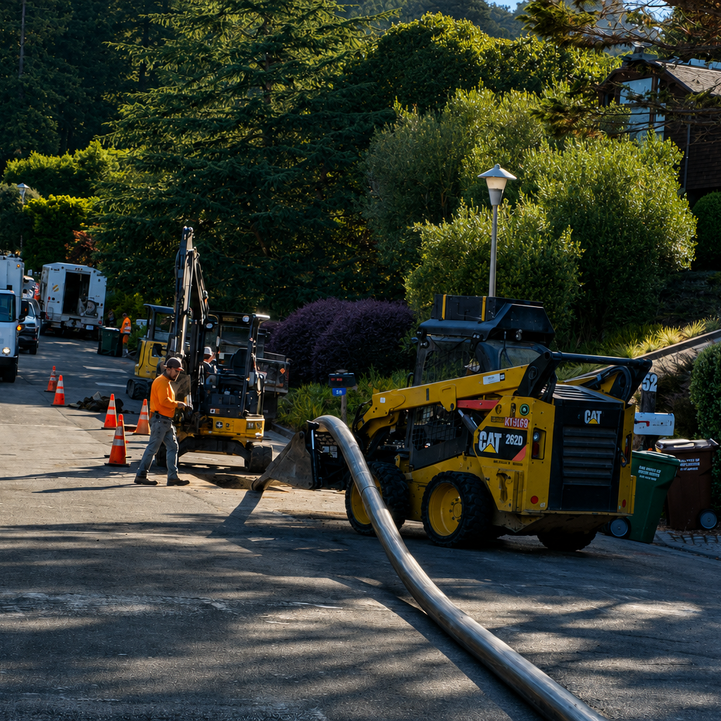 CAT construction equipment and Bayside Trenchless crew replacing a sewer main in a residential neighborhood.