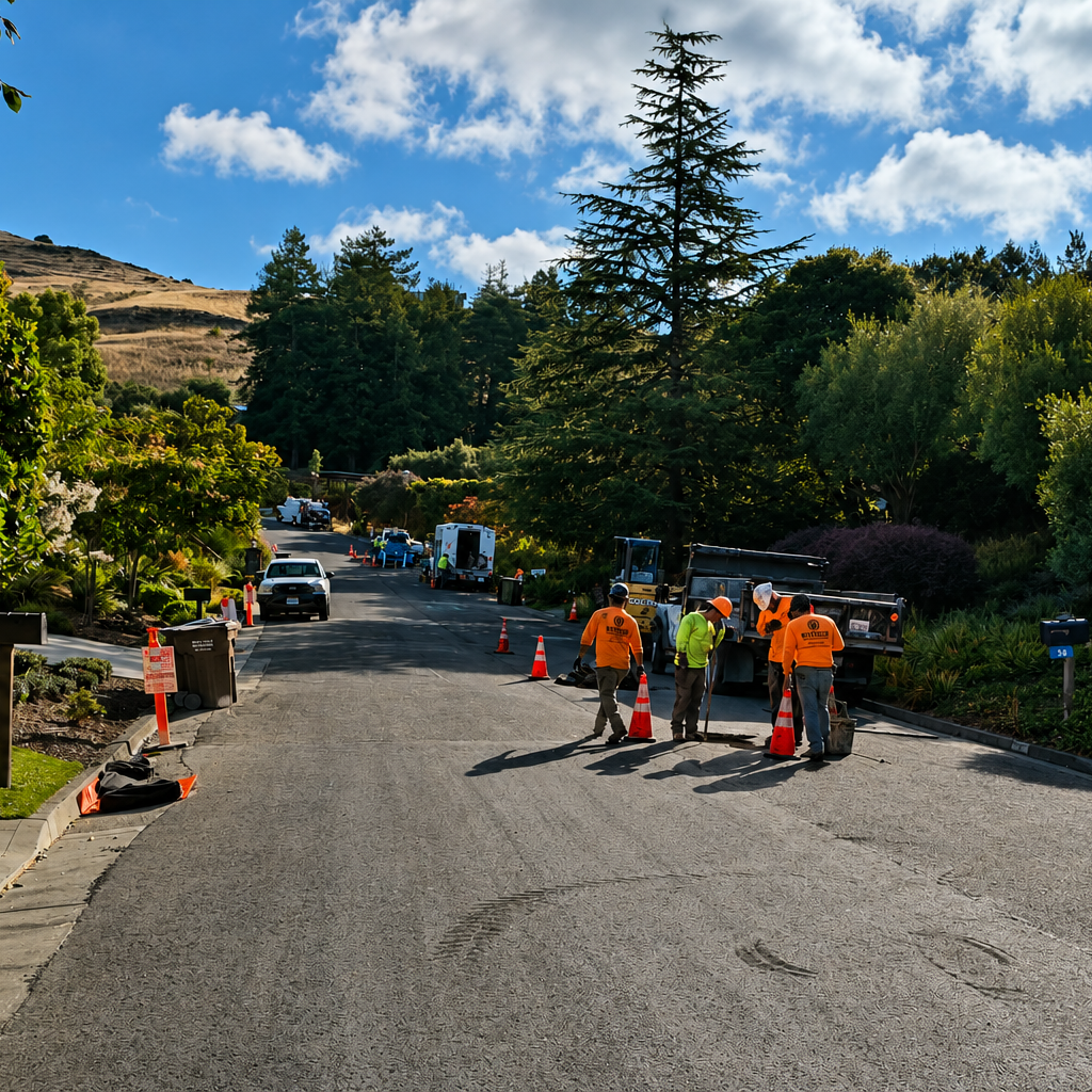 Bayside Trenchless crew installing a new sewer main using trenchless construction methods in a residential neighborhood.