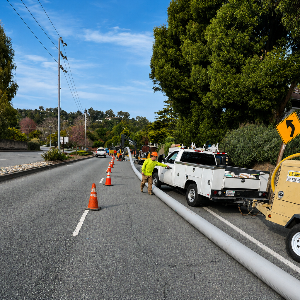 Large sewer main pipe being installed by Bayside Trenchless alongside a roadway using modern construction equipment.